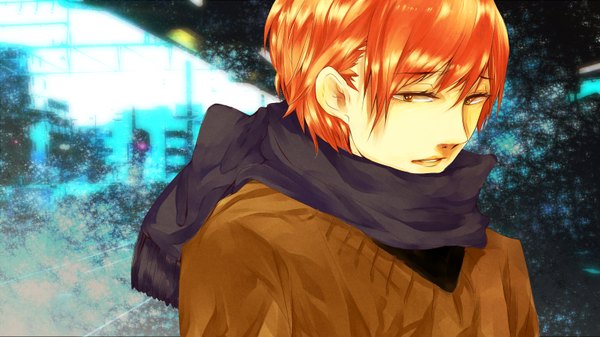 Аниме картинка 1536x864 с nico nico singer eco (mayoko) один (одна) короткие волосы красные глаза широкое изображение красные волосы смотрит вниз мужчина шарф свитер