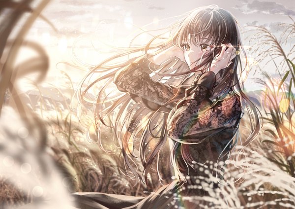 Anime picture 4093x2894 with original sakura (39ra) single long hair highres black hair brown eyes looking away absurdres outdoors wind arms up girl dress plant (plants) black dress lace susuki grass