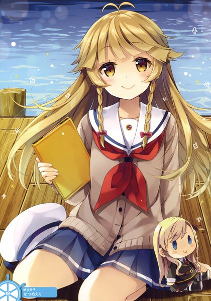 Anime picture 2743x3919 with high school fleet wilhelmina braunschweig ingenohl friedeburg nosa kouko natsume eri single long hair tall image looking at viewer blush highres blonde hair smile yellow eyes braid (braids) scan official art girl skirt miniskirt sailor suit