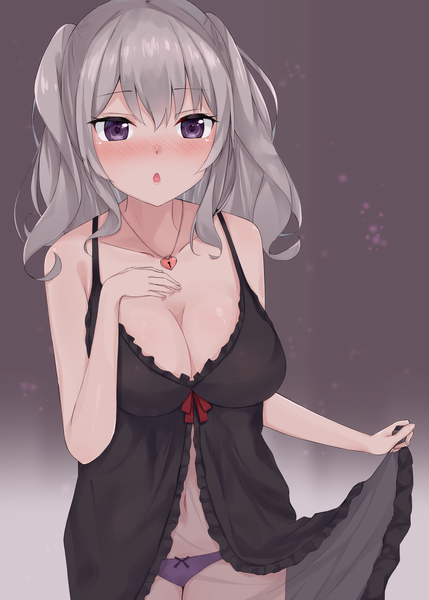 Anime picture 2590x3624 with kantai collection kashima training cruiser mirai (mirai76 ) single long hair tall image looking at viewer blush fringe highres breasts open mouth light erotic hair between eyes large breasts purple eyes twintails bare shoulders holding cleavage
