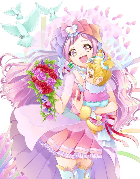 Anime picture 1897x2422 with precure hugtto! precure toei animation nono hana cure yell hug-tan (precure) cure yell (cheerful style) yuutarou (fukiiincho) long hair tall image highres short hair open mouth blonde hair twintails multiple girls looking away pink hair :d pink eyes