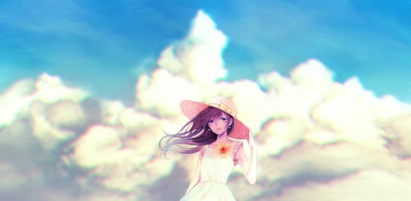 Anime picture 1500x737 with original yuji kazakiri single long hair looking at viewer blue eyes wide image sky purple hair cloud (clouds) tears girl dress flower (flowers) hat sundress