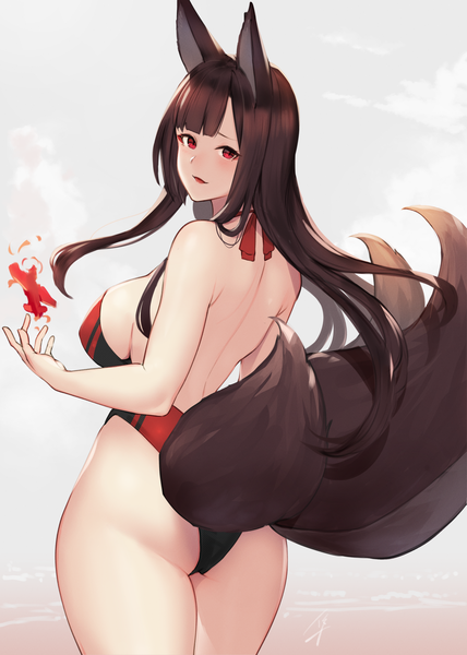Anime picture 1786x2505 with azur lane akagi (azur lane) hayabusa single long hair tall image looking at viewer fringe highres breasts open mouth light erotic simple background smile red eyes brown hair large breasts standing signed animal ears