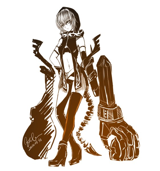 Anime picture 3000x3200 with black rock shooter strength (black rock shooter) single tall image looking at viewer highres short hair simple background smile white background white hair monochrome alternate age mechanical parts girl weapon