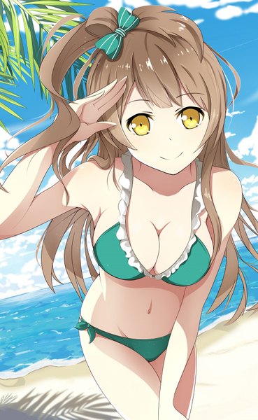Anime picture 1080x1755 with love live! school idol project sunrise (studio) love live! minami kotori guanghe zuoyong de de yezi single long hair tall image looking at viewer fringe breasts light erotic smile brown hair standing brown eyes sky cleavage cloud (clouds) outdoors