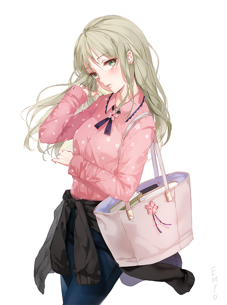 Anime picture 700x939 with original emyo single long hair tall image looking at viewer blush fringe blonde hair simple background standing white background signed long sleeves head tilt grey eyes floral print adjusting hair clothes around waist girl