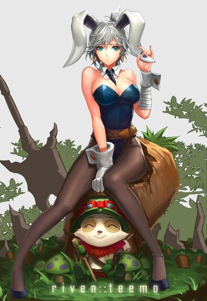 Anime picture 936x1358 with league of legends riven (league of legends) teemo (league of legends) battle bunny riven ake (cherrylich) single tall image looking at viewer short hair blue eyes light erotic sitting animal ears silver hair bunny ears bunny girl girl pantyhose bandage (bandages) bunnysuit