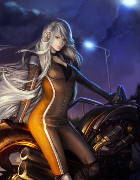 Anime picture 950x1221 with original noa ikeda single tall image looking at viewer red eyes sky silver hair cloud (clouds) very long hair lips night night sky piercing ear piercing girl gloves bodysuit motorcycle