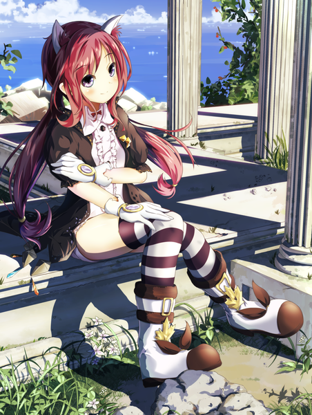 Anime picture 1358x1800 with original waisshu (sougyokyuu) single long hair tall image blush light erotic smile sitting purple eyes animal ears red hair girl thighhighs dress flower (flowers) shoes striped thighhighs pillar column