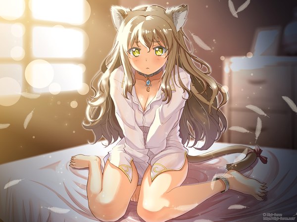 Anime picture 1600x1200 with original kimura shigetaka single long hair looking at viewer blush fringe breasts light erotic brown hair sitting animal ears yellow eyes cleavage tail animal tail barefoot cat girl cat tail wallpaper