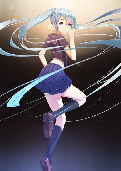 Anime picture 1000x1414 with vocaloid hatsune miku kr (sapphire) single tall image looking at viewer blue eyes twintails blue hair very long hair girl skirt socks black socks