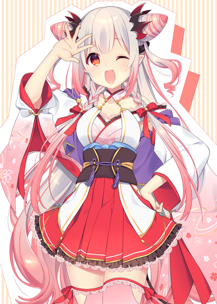 Anime picture 2000x2798 with virtual youtuber honey strap suou patra kusumoto shizuru single tall image looking at viewer blush fringe highres open mouth red eyes standing payot pink hair silver hair braid (braids) very long hair traditional clothes japanese clothes