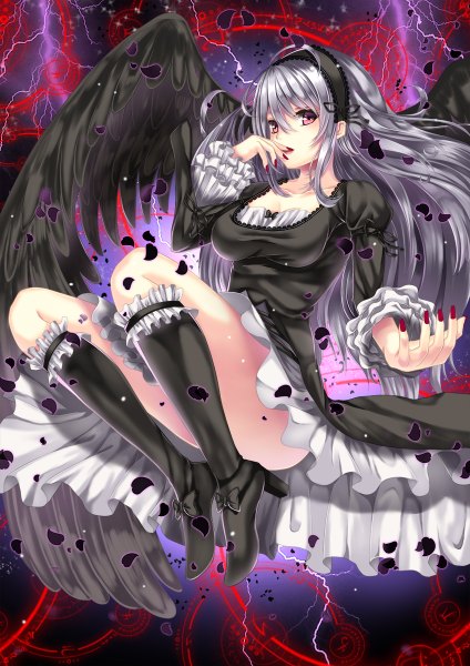 Anime picture 848x1200 with rozen maiden suigintou toshi (1-147) single long hair tall image red eyes silver hair magic finger to mouth lightning girl dress petals wings boots frills headdress magic circle