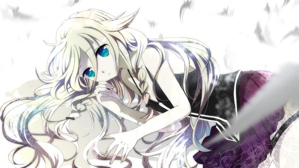 Anime picture 2240x1260 with vocaloid ia (vocaloid) mariwai (marireroy) single long hair highres blue eyes wide image bare shoulders white hair lying braid (braids) twin braids girl dress skirt miniskirt feather (feathers)