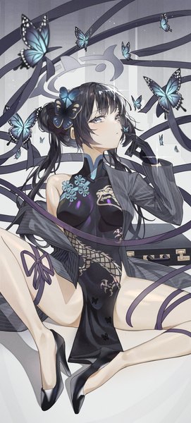 Anime picture 2357x5217 with blue archive kisaki (blue archive) indol single long hair tall image looking at viewer fringe highres light erotic black hair sitting twintails traditional clothes off shoulder bare legs sparkle hair bun (hair buns) high heels spread legs