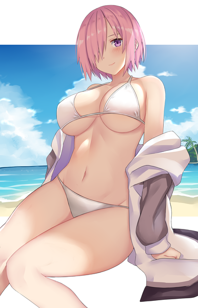 Anime picture 1000x1556 with fate (series) fate/grand order mash kyrielight arind yudha single tall image looking at viewer blush fringe short hair breasts light erotic smile large breasts sitting purple eyes pink hair sky cloud (clouds) bent knee (knees)