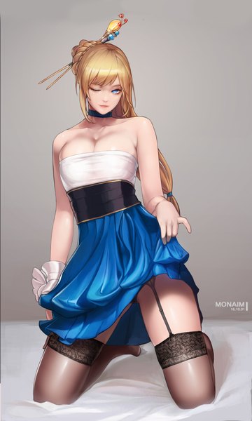Anime picture 733x1220 with dungeon and fighter female gunner (dungeon and fighter) monaim single long hair tall image blue eyes light erotic blonde hair simple background bare shoulders ponytail one eye closed wink grey background dress lift girl thighhighs dress hair ornament