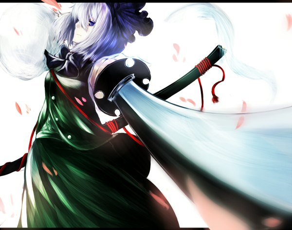 Anime picture 1500x1183 with touhou konpaku youmu myon ayamo5 single short hair blue eyes simple background white background purple hair from below girl skirt weapon shirt petals sword hairband katana sheath