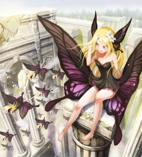 Anime picture 1080x1200 with original ume (illegal bible) long hair tall image blush blonde hair sitting bare shoulders multiple girls pink eyes barefoot hair flower flying insect wings butterfly wings fairy girl dress hair ornament pillar