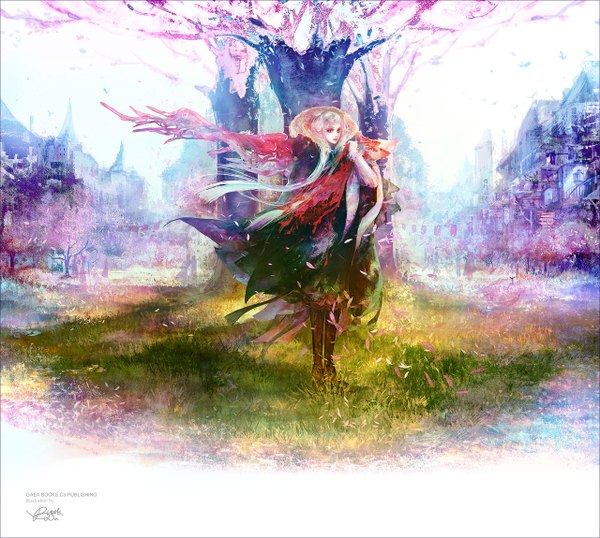 Anime picture 1280x1149 with original blazewu single long hair standing white hair cherry blossoms girl plant (plants) petals tree (trees) boots bracelet scarf building (buildings) grass