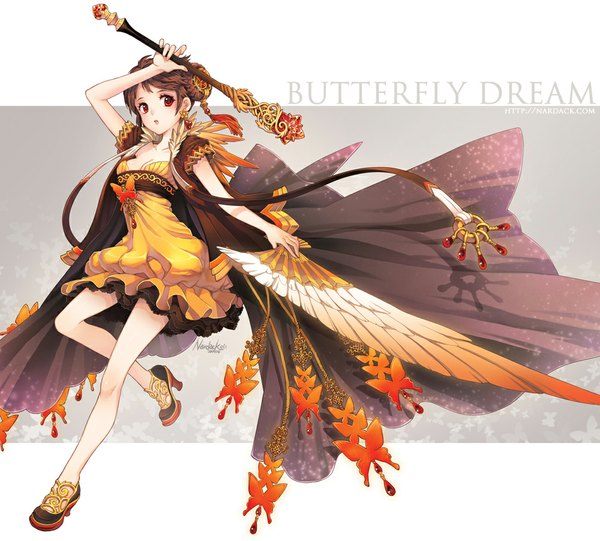 Anime picture 1000x903 with original nardack single red eyes brown hair girl dress insect butterfly staff fan