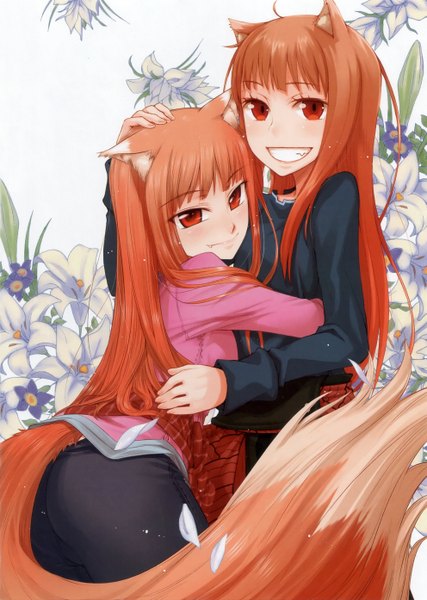 Anime picture 1982x2787 with spice and wolf horo koume keito ayakura juu long hair tall image highres smile red eyes multiple girls animal ears animal tail scan orange hair hug hand on head wolf ears wolf tail wolf girl girl
