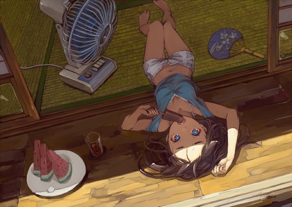 Anime picture 1000x711 with original suzuno (bookshelf) single long hair looking at viewer open mouth blue eyes brown hair full body lying barefoot shadow upside down girl food shorts window sweets fruit fan