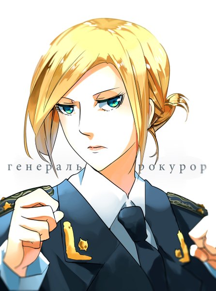 Anime picture 900x1211 with shingeki no kyojin production i.g real life annie leonhart natalia poklonskaya fare single tall image short hair blue eyes simple background blonde hair white background blurry inscription portrait cosplay frown russian girl