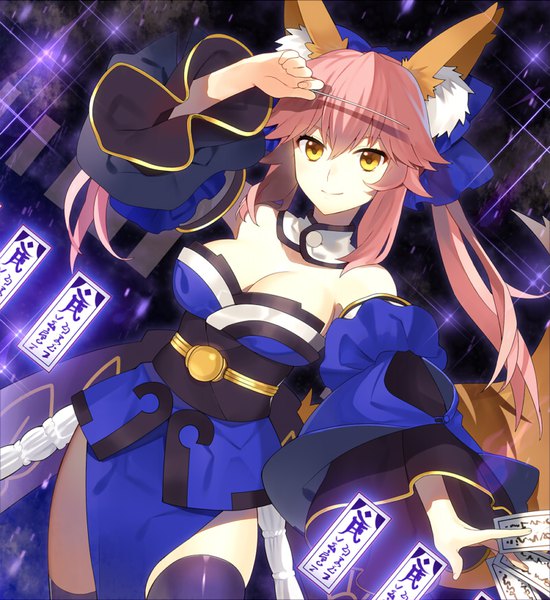 Anime picture 800x872 with fate (series) fate/extra tamamo (fate) (all) tamamo no mae (fate) sanae (satansanae) single long hair tall image looking at viewer fringe breasts light erotic smile hair between eyes large breasts twintails bare shoulders animal ears yellow eyes pink hair