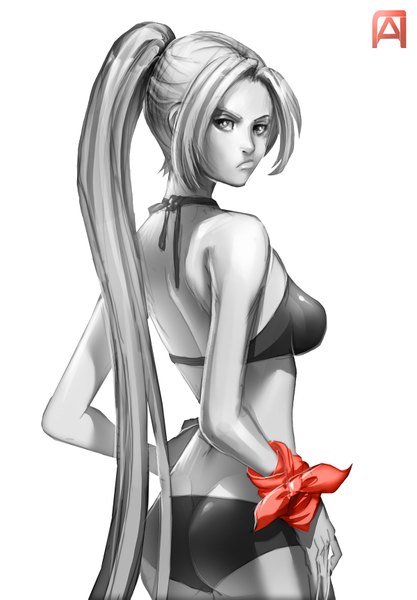 Anime-Bild 1200x1725 mit original pechan (artist) single tall image light erotic simple background white background ass ponytail very long hair looking back grey hair from behind grey eyes monochrome partially colored girl swimsuit bikini