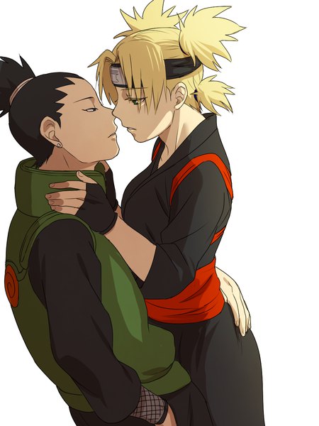 Anime picture 1050x1400 with naruto studio pierrot naruto (series) nara shikamaru temari (naruto) ki (mxxxx) tall image short hair black hair blonde hair simple background white background green eyes ponytail parted lips profile black eyes couple hug hand in pocket