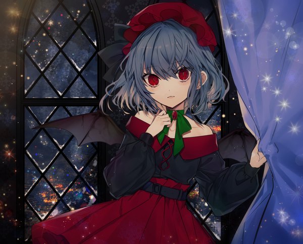 Anime picture 2480x2000 with touhou remilia scarlet renkarua single looking at viewer fringe highres short hair red eyes standing bare shoulders blue hair indoors long sleeves puffy sleeves snow slit pupils black wings bat wings alternate color