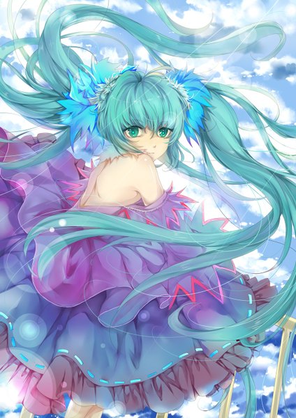 Anime picture 1008x1425 with vocaloid hatsune miku hongmao single long hair tall image looking at viewer twintails bare shoulders sky cloud (clouds) aqua eyes wind aqua hair back girl dress