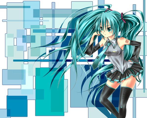 Anime picture 1280x1024 with vocaloid hatsune miku single blush blue eyes twintails bare shoulders blue hair looking away very long hair shadow adjusting hair abstract girl thighhighs detached sleeves necktie