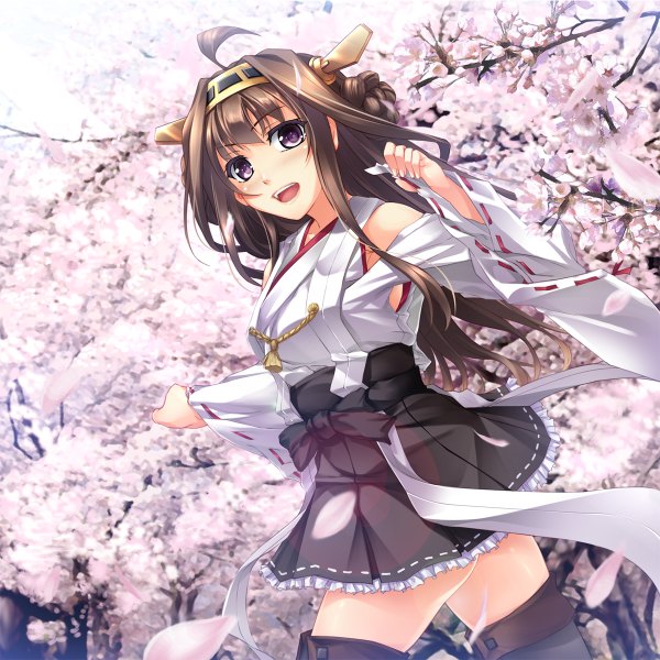 Anime picture 1200x1200 with kantai collection kongou battleship kobapyon single long hair looking at viewer open mouth brown hair standing purple eyes bare shoulders braid (braids) long sleeves sunlight cherry blossoms happy nontraditional miko girl hair ornament flower (flowers)