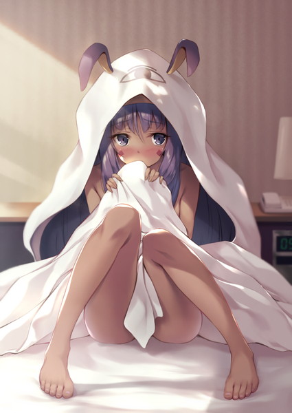 Anime picture 609x860 with fate (series) fate/grand order nitocris (fate) nitocris (swimsuit assassin) (fate) ouka (ra-raradan) single long hair tall image looking at viewer blush fringe light erotic hair between eyes sitting purple eyes payot purple hair full body indoors barefoot
