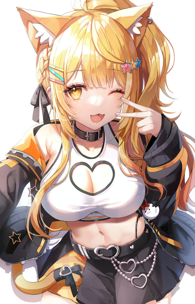 Anime picture 4000x6212 with virtual youtuber hololive yozora mel yozora mel (7th costume) misyune single long hair tall image highres open mouth light erotic simple background blonde hair white background animal ears yellow eyes absurdres tail animal tail cat ears