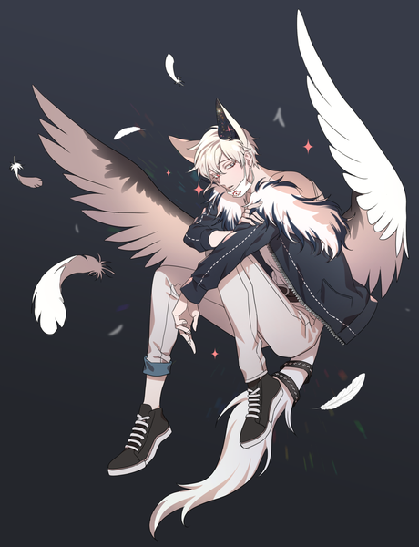 Anime picture 1280x1669 with original hangahan23 single tall image looking at viewer fringe short hair simple background hair between eyes red eyes animal ears bent knee (knees) white hair tail animal tail grey background grey eyes heterochromia angel wings low wings