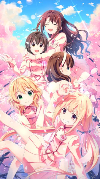 Anime picture 720x1280 with idolmaster idolmaster cinderella girls shimamura uzuki futaba anzu sakurai momoka sakuma mayu kohinata miho yuuki tatsuya long hair tall image short hair open mouth blonde hair smile brown hair twintails multiple girls green eyes sky ahoge