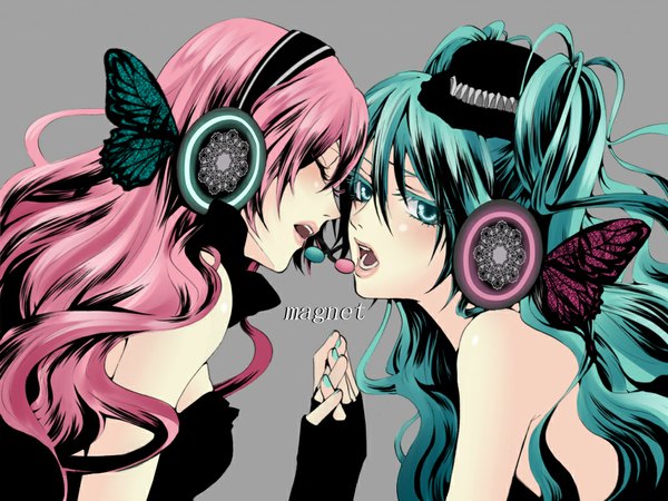 Anime picture 1024x768 with vocaloid magnet (vocaloid) hatsune miku megurine luka long hair open mouth multiple girls green eyes pink hair nail polish green hair holding hands shoujo ai insect wings butterfly wings girl dress gloves 2 girls hat