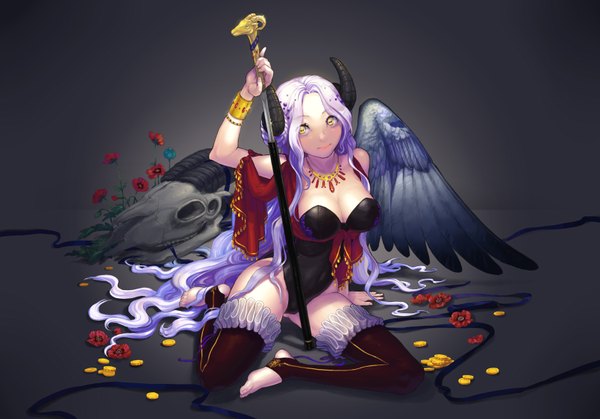 Anime picture 1608x1124 with original jit single looking at viewer breasts light erotic bare shoulders yellow eyes white hair very long hair horn (horns) dark background girl flower (flowers) weapon petals sword wings katana skull