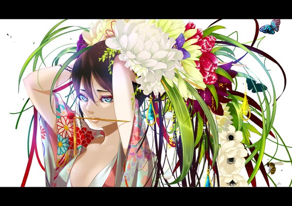 Anime picture 1400x989 with original nanahara single long hair looking at viewer breasts blue eyes black hair simple background white background signed cleavage traditional clothes japanese clothes hair flower letterboxed hand on head eyeshadow girl hair ornament