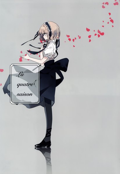 Anime picture 3230x4687 with touhou alice margatroid cierra (ra-bit) single tall image fringe highres short hair blonde hair simple background absurdres profile wind inscription grey background outstretched arm reflection girl skirt petals