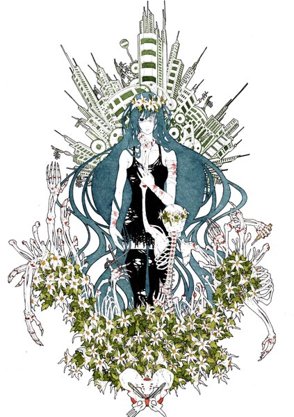 Anime picture 2460x3487 with original bouno satoshi single tall image highres blue eyes blue hair absurdres very long hair nail polish torn clothes skeleton girl thighhighs flower (flowers) black thighhighs plant (plants) building (buildings) blood bandage (bandages)