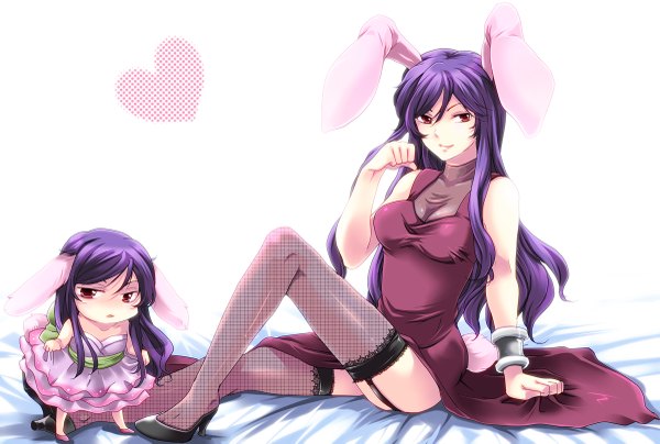 Anime picture 1200x809 with mobile suit gundam mobile suit gundam 00 sunrise (studio) tieria erde shinolion long hair light erotic simple background red eyes white background purple hair bunny ears chibi girl thighhighs dress bracelet heart