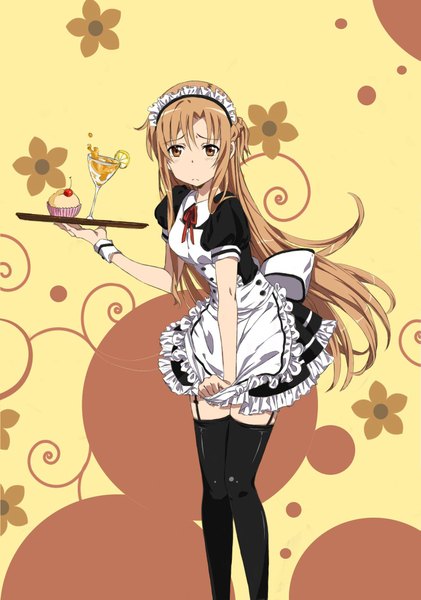 Anime picture 1535x2185 with sword art online a-1 pictures yuuki asuna single long hair tall image looking at viewer blush brown hair brown eyes maid zettai ryouiki girl thighhighs black thighhighs headdress maid headdress