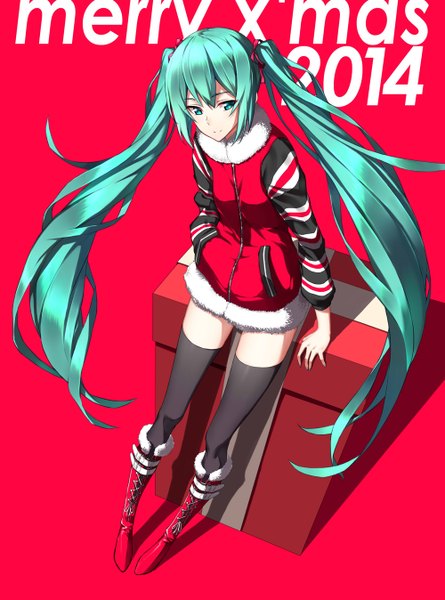 Anime picture 1000x1348 with vocaloid hatsune miku fame peera single tall image fringe simple background standing twintails looking away very long hair aqua eyes light smile from above aqua hair christmas red background hand in pocket merry christmas 2014