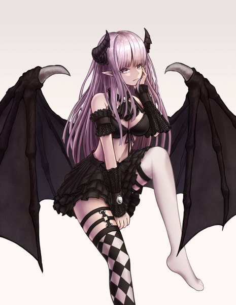 Anime picture 4500x5800 with original myung yi single long hair tall image looking at viewer fringe highres simple background purple eyes bare shoulders payot absurdres purple hair bent knee (knees) horn (horns) pointy ears grey background midriff no shoes