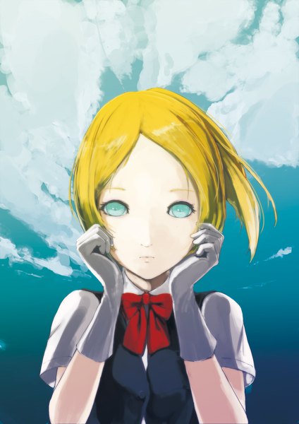 Anime picture 900x1273 with kantai collection maikaze destroyer malcolm x (artist) single tall image looking at viewer short hair blonde hair sky cloud (clouds) upper body ponytail aqua eyes expressionless hands on face girl gloves uniform school uniform