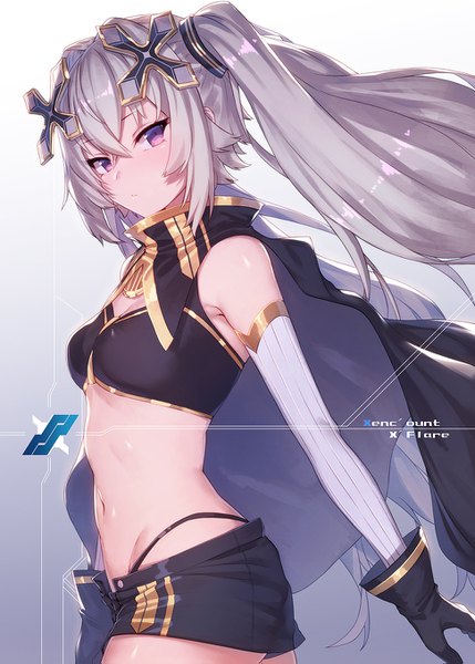 Anime picture 972x1359 with virtual youtuber x enc'ount x'flare ibuki notsu single long hair tall image looking at viewer blush fringe breasts light erotic simple background hair between eyes standing purple eyes twintails bare shoulders payot grey hair